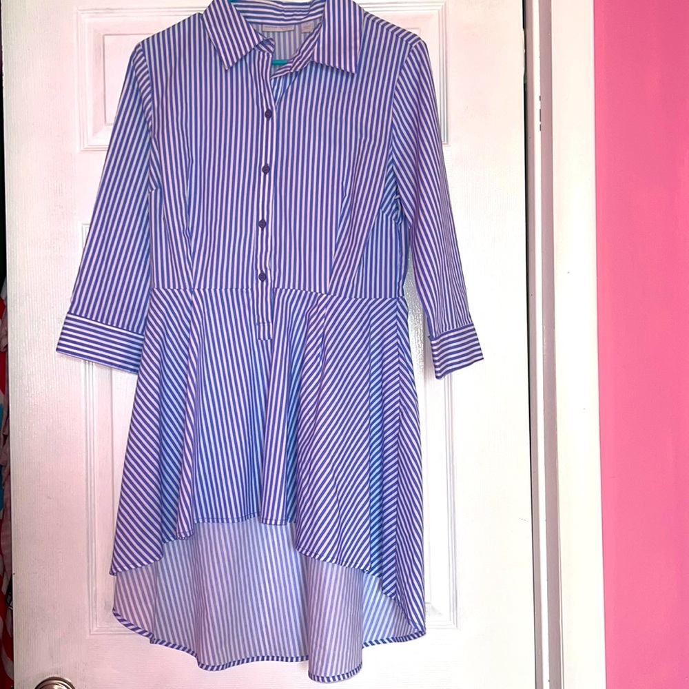 New York and Company Blue/White Striped Pleated High-Low Dress Size M